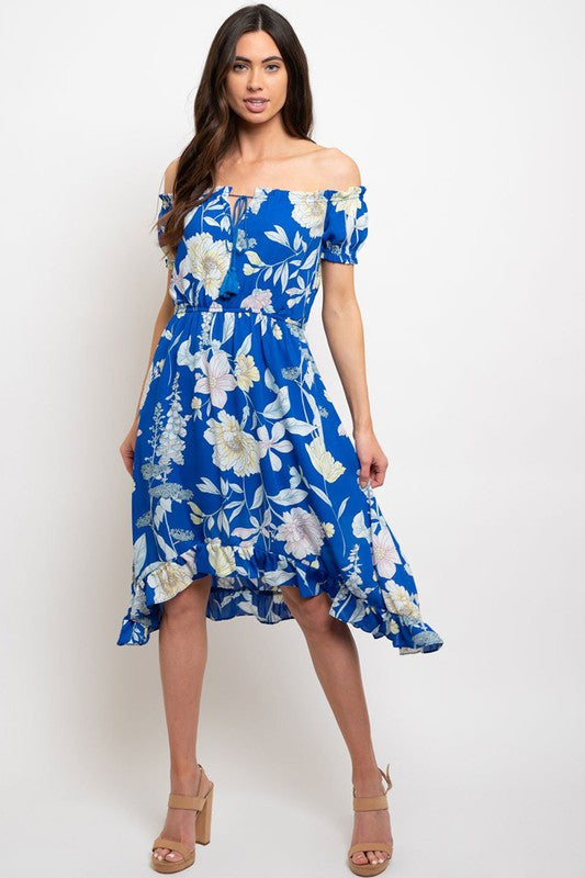 Blue floral off the shoulder outlet dress