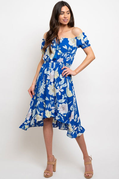 Blue Floral Off Shoulder Dress